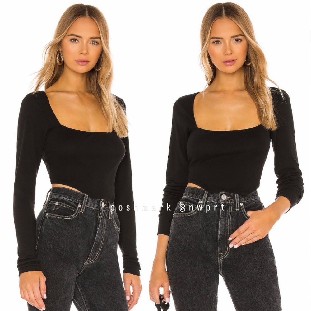 H:OURS ✰ Square Neck Top Black Long Sleeve Cropped Tee T-Shirt Top XS